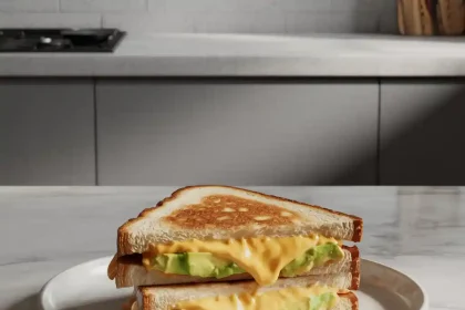 Close-up of a freshly made avocado grilled cheese sandwich with golden grilled bread and creamy avocado filling