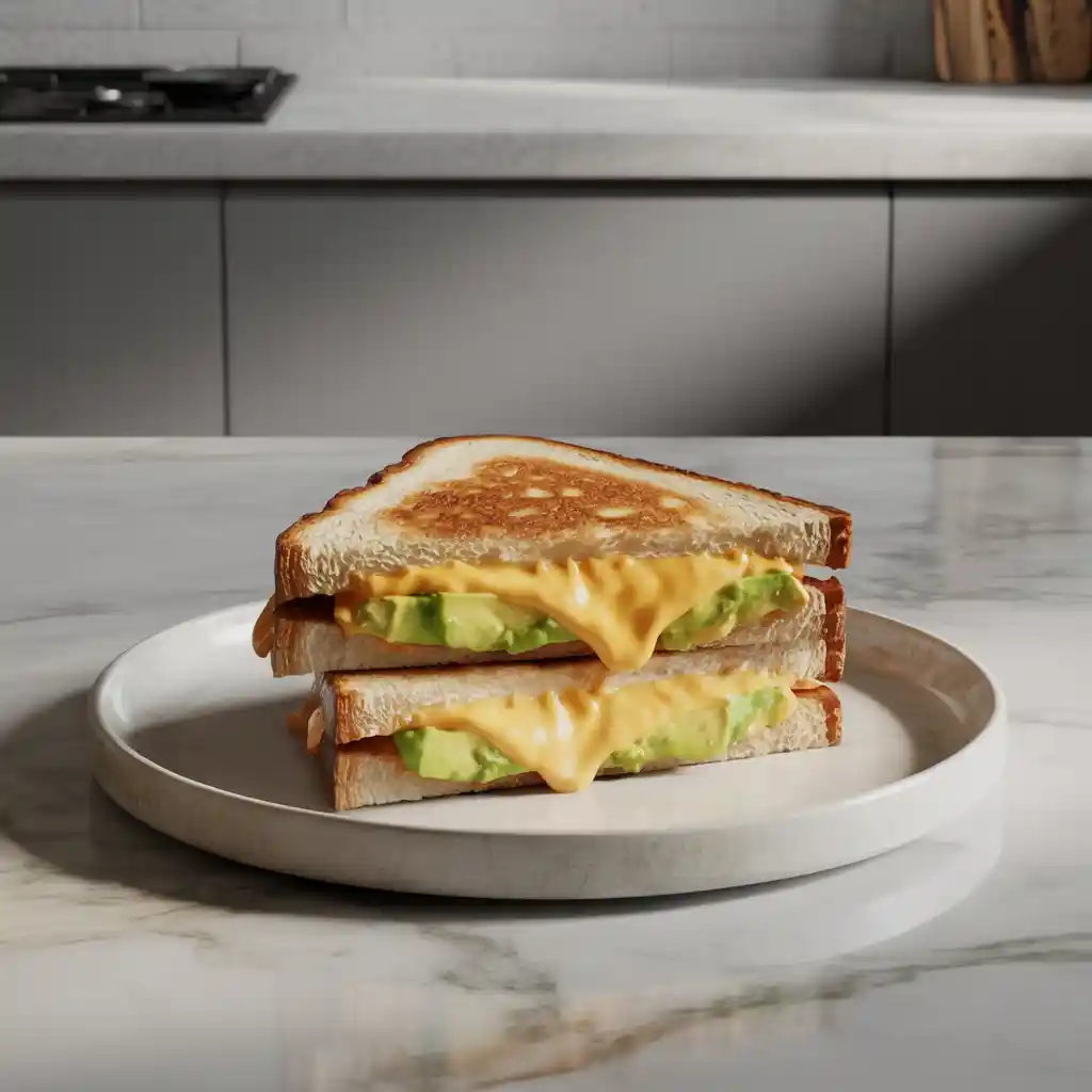 Close-up image of an avocado grilled cheese sandwich cut in half showing creamy avocado and melted cheese inside toasted golden bread