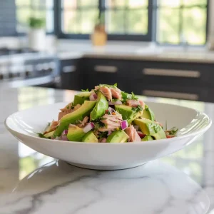 Bowl of avocado tuna salad recipe with fresh vegetables and herbs