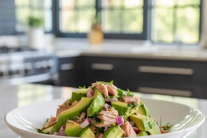 Bowl of avocado tuna salad recipe with fresh vegetables and herbs