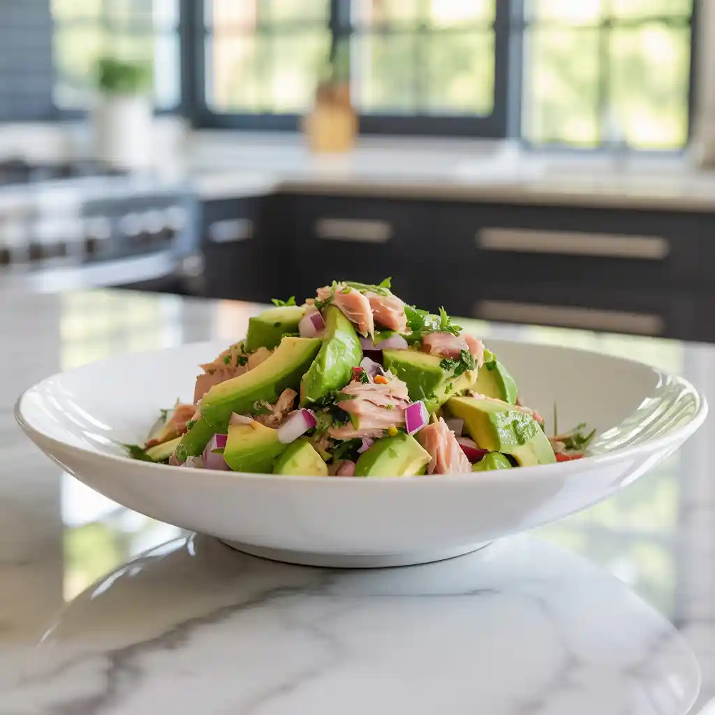 Bowl of avocado tuna salad recipe with fresh vegetables and herbs
