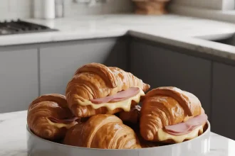 Freshly baked ham and cheese croissants on a wooden cutting board