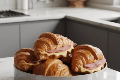 Freshly baked ham and cheese croissants on a wooden cutting board