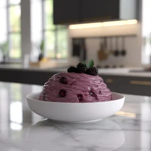 A bowl of creamy blackberry mousse garnished with fresh blackberries and mint leaves