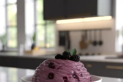 A bowl of creamy blackberry mousse garnished with fresh blackberries and mint leaves