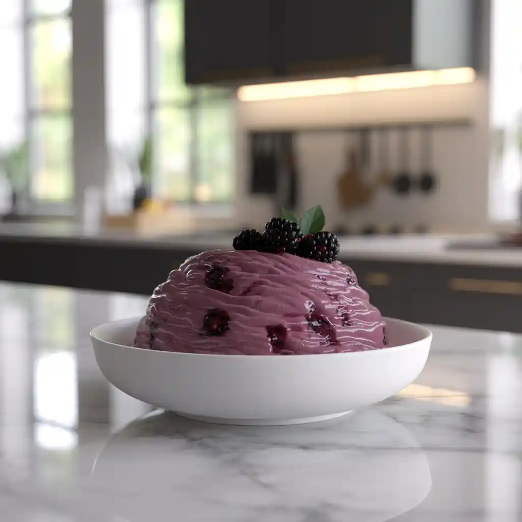 A bowl of creamy blackberry mousse garnished with fresh blackberries and mint leaves