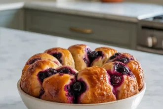 Freshly baked blueberry monkey bread drizzled with glaze and topped with blueberries