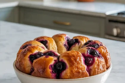 Freshly baked blueberry monkey bread drizzled with glaze and topped with blueberries