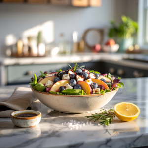 A bowl of blueberry peach feta salad with fresh blueberries, sliced peaches, crumbled feta cheese, and mixed greens