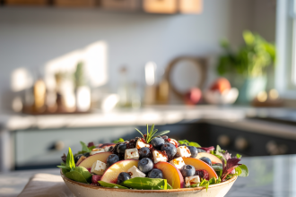A bowl of blueberry peach feta salad with fresh blueberries, sliced peaches, crumbled feta cheese, and mixed greens