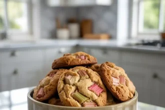 Freshly baked brown sugar rhubarb cookies on a cooling rack