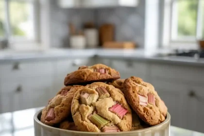 Freshly baked brown sugar rhubarb cookies on a cooling rack