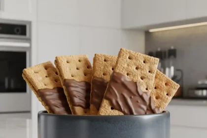 A plate of freshly made buckeye graham crackers with chocolate and peanut butter layers
