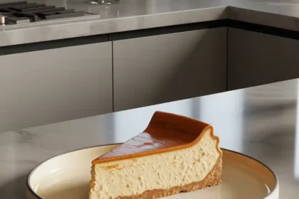 A perfectly baked butterscotch cheesecake topped with caramel drizzle and whipped cream