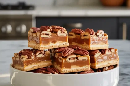 Freshly baked caramel pecan dream bars stacked on a wooden board
