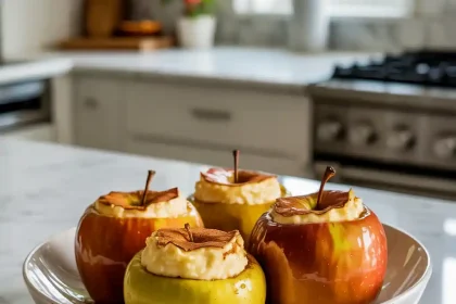 A close-up of cheesecake stuffed baked apples with a graham cracker topping and caramel drizzle