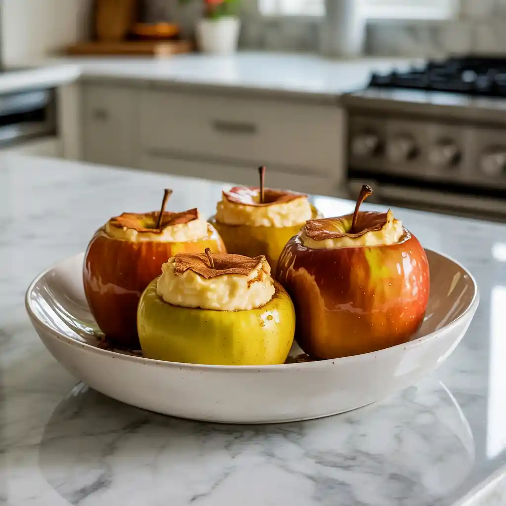 A close-up of cheesecake stuffed baked apples with a graham cracker topping and caramel drizzle