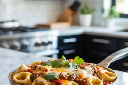 Cheesy beef enchilada tortellini skillet served in a black skillet, topped with melted cheese and fresh herbs