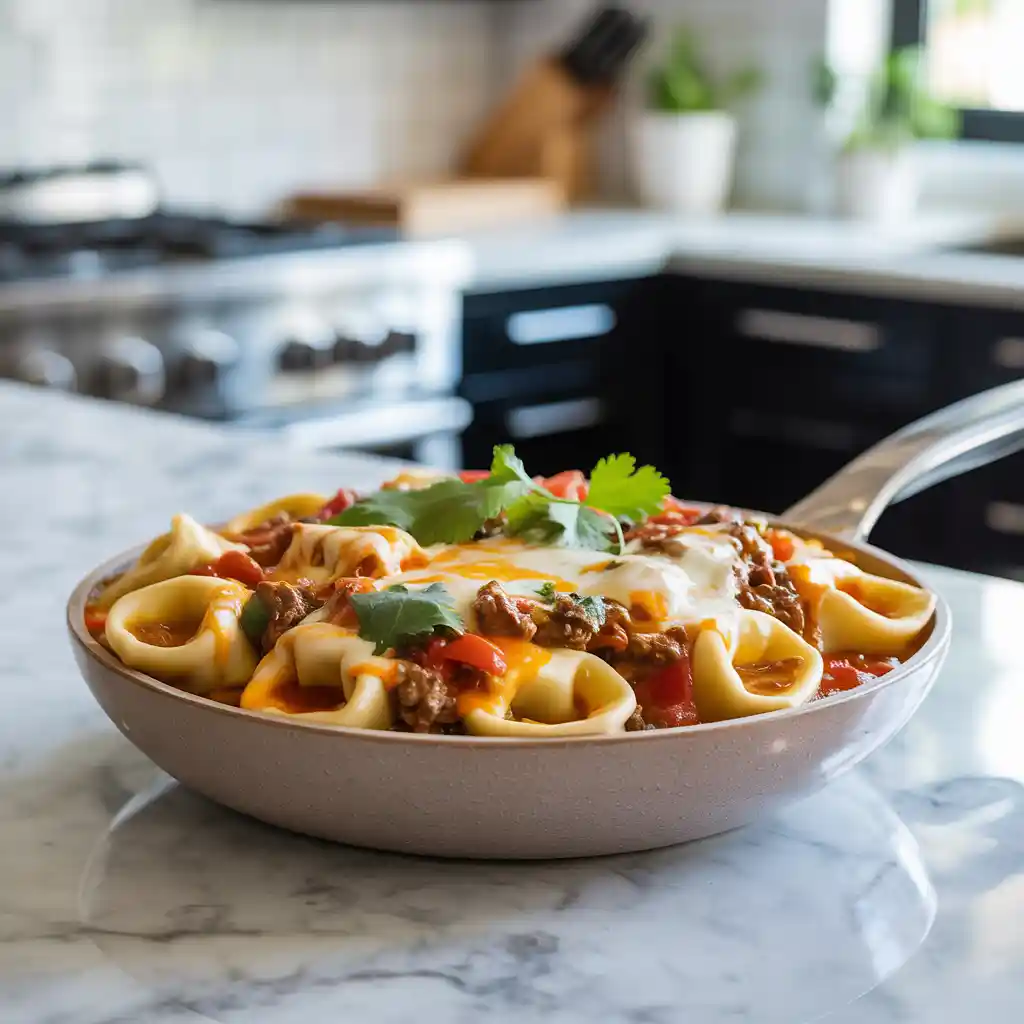 Cheesy beef enchilada tortellini skillet served in a black skillet, topped with melted cheese and fresh herbs