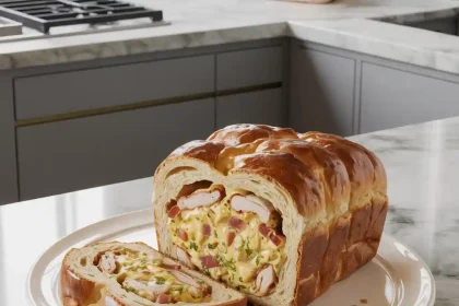 Sliced chicken bacon ranch stuffed bread with melted cheese and crispy bacon on a cutting board