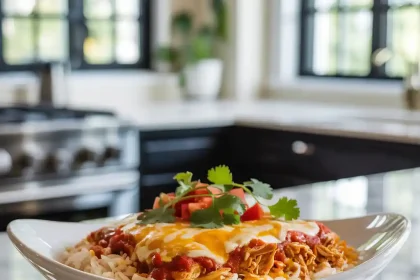 A freshly baked chicken enchilada rice casserole in a white dish topped with melted cheese and chopped cilantro