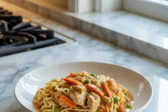 A skillet filled with chicken pot pie noodle skillet featuring chunks of chicken, wide egg noodles, and mixed vegetables in a creamy sauce