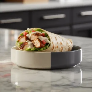 Delicious chipotle ranch grilled chicken burrito sliced in half showing juicy grilled chicken, fresh vegetables, and creamy chipotle ranch sauce