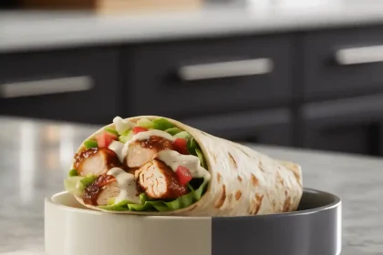 Delicious chipotle ranch grilled chicken burrito sliced in half showing juicy grilled chicken, fresh vegetables, and creamy chipotle ranch sauce