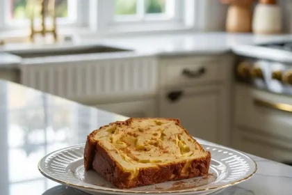 Freshly baked Christmas eggnog bread topped with a sweet glaze on a holiday-themed table
