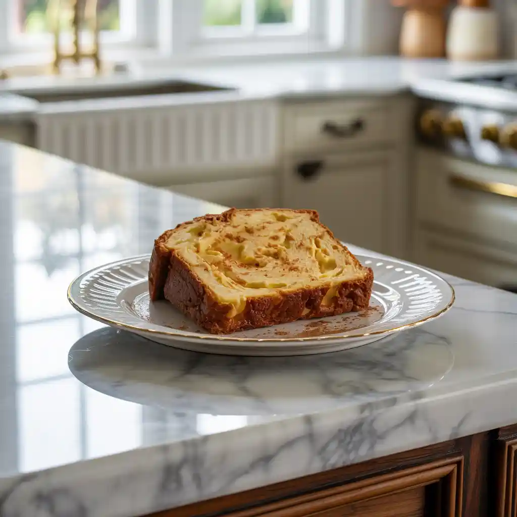 Freshly baked Christmas eggnog bread topped with a sweet glaze on a holiday-themed table