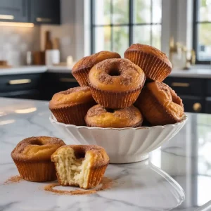 Freshly baked cinnamon sugar donut muffins coated with cinnamon sugar on a cooling rack