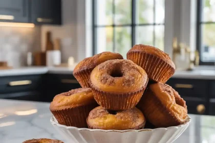 Freshly baked cinnamon sugar donut muffins coated with cinnamon sugar on a cooling rack