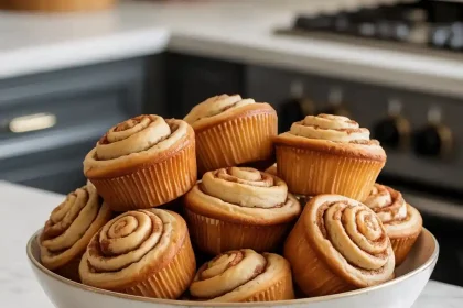 Freshly baked cinnamon swirl muffins with golden brown tops and visible cinnamon ribbons