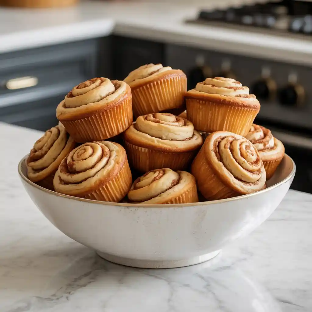 Freshly baked cinnamon swirl muffins with golden brown tops and visible cinnamon ribbons