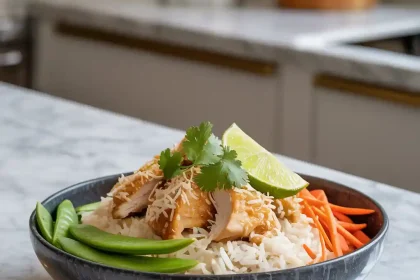 A vibrant coconut chicken rice bowl served with fresh vegetables and garnished with herbs