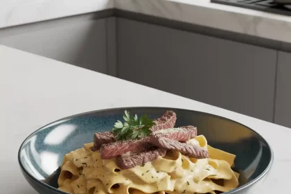 A freshly prepared plate of creamy garlic beef pasta garnished with parsley and parmesan