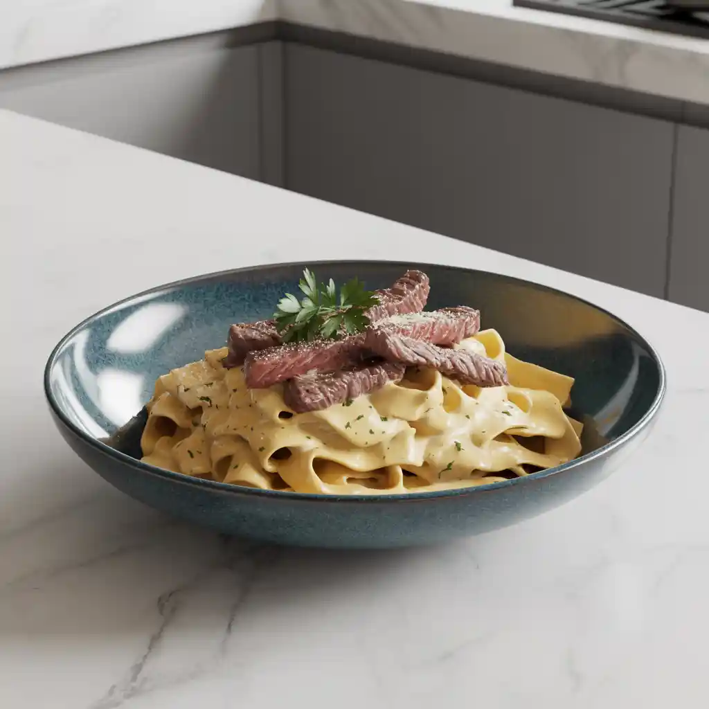 A freshly prepared plate of creamy garlic beef pasta garnished with parsley and parmesan