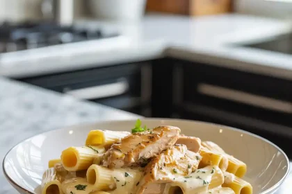 A bowl of creamy garlic butter chicken rigatoni garnished with parsley on a rustic wooden table