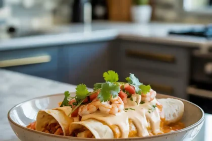 Plate of creamy shrimp enchiladas topped with melted cheese and garnished with fresh herbs