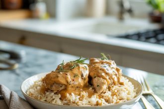 Plate of creamy smothered chicken and rice served with herbs and vegetables on a rustic table.