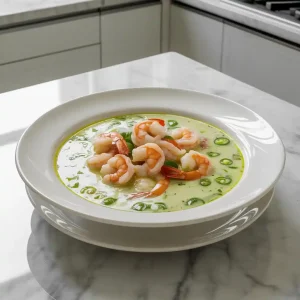 A bowl of creamy spicy jalapeño shrimp soup with plump shrimp, sliced jalapeños, and a garnish of fresh herbs