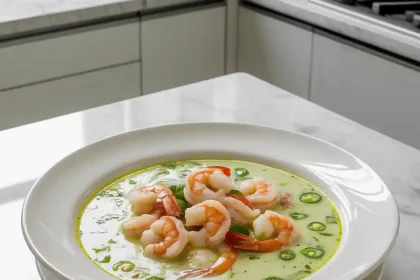 A bowl of creamy spicy jalapeño shrimp soup with plump shrimp, sliced jalapeños, and a garnish of fresh herbs