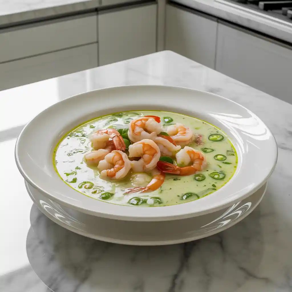 A bowl of creamy spicy jalapeño shrimp soup with plump shrimp, sliced jalapeños, and a garnish of fresh herbs