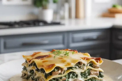 A hearty slice of creamy spinach and mushroom lasagna served on a white plate with melted cheese on top