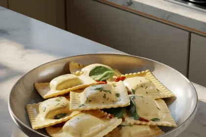 Plate of creamy Tuscan ravioli garnished with spinach and sun-dried tomatoes