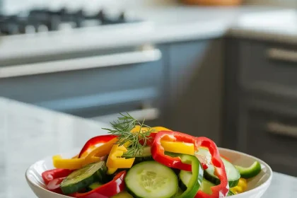 A bowl of freshly made cucumber bell pepper salad with a light vinaigrette dressing