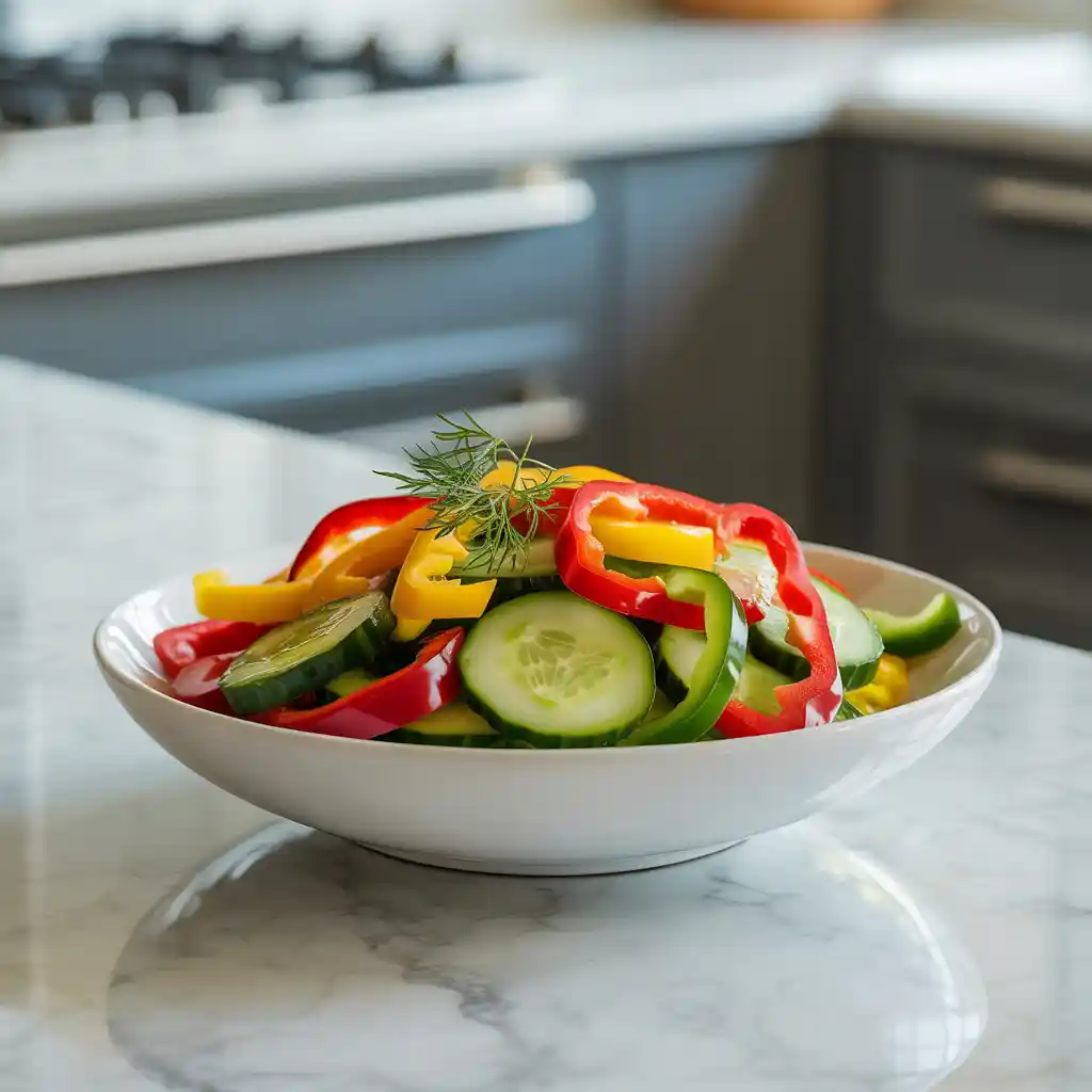 A bowl of freshly made cucumber bell pepper salad with a light vinaigrette dressing