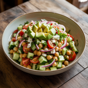 Bowl of cucumber chickpea salad with fresh herbs and lemon dressing