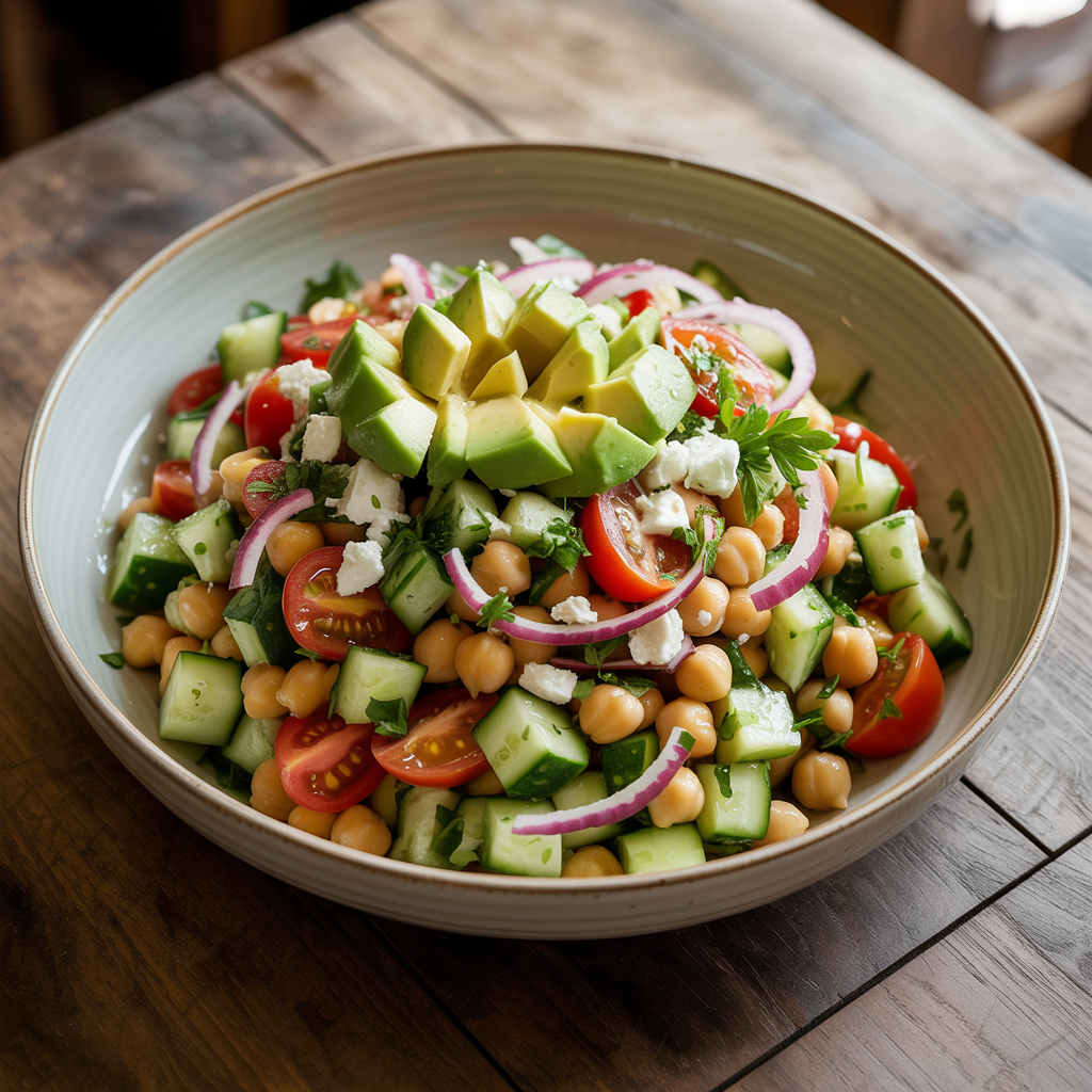 Bowl of cucumber chickpea salad with fresh herbs and lemon dressing
