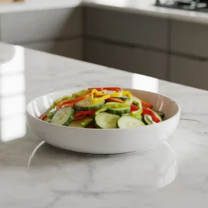 A bowl of fresh cucumber pepper salad with sliced cucumbers and colorful bell peppers